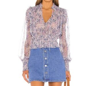 Free People Twyla Cropped Floral Mesh Smock Blouse in Purple & Blue Size XS